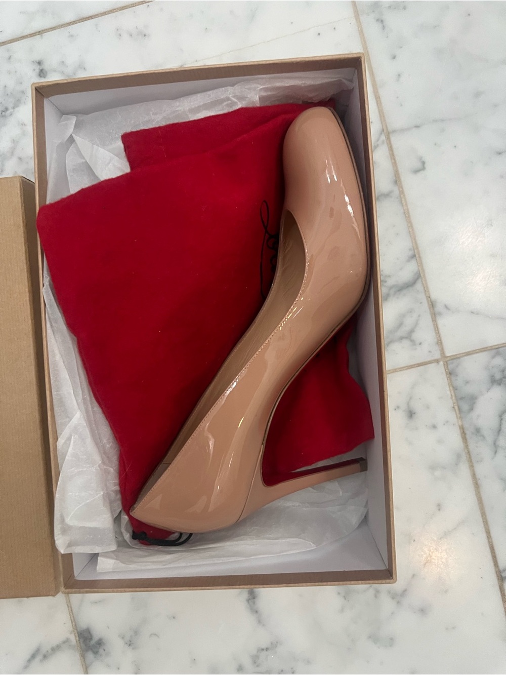 Christian Louboutin Beige Patent Leather Pumps with Red Sole